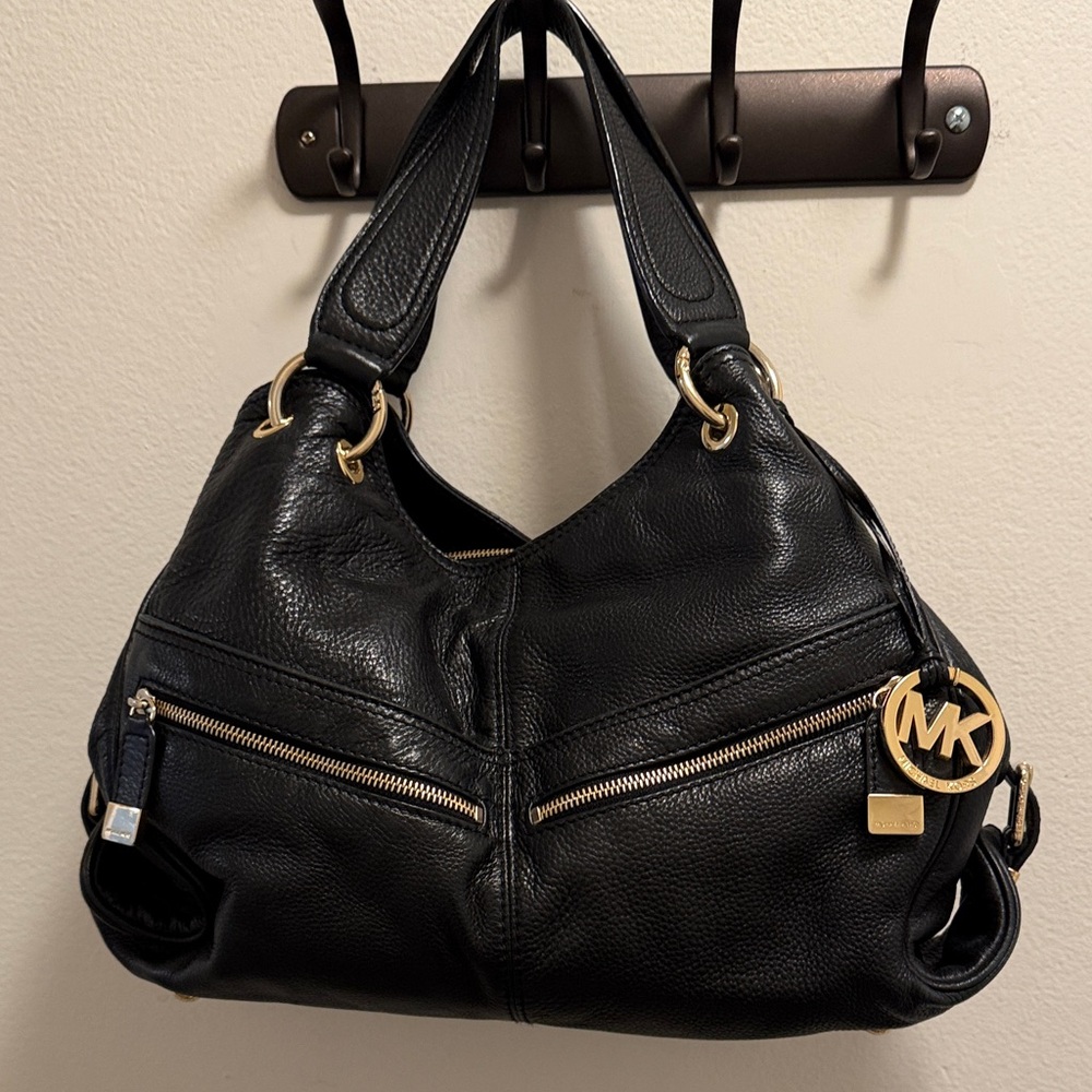 Michael Kors Black Leather Shoulder Bag with Gold Accents